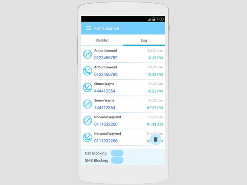 Giao diện ứng dụng AntiNuisance để chặn tin nhắn và cuộc gọi