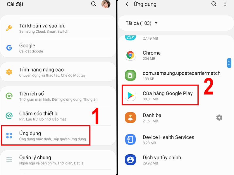 Vào phần Ứng dụng trong Cài đặt