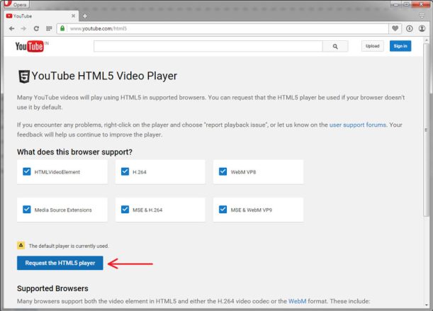  Ngoài ra nếu bạn gặp lỗi này trên các trình duyệt khác như Mozilla Firefox, Opera,... bạn có thể chuyển sang chế độ HTML trên Youtube để sửa lỗi bằng cách truy cập địa chỉ sau: 
