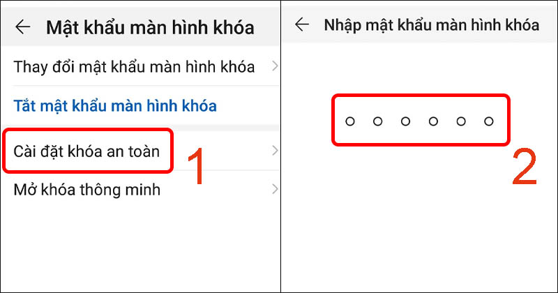 Chọn Cài đặt khóa an toàn rồi nhập mật khẩu màn hình khóa