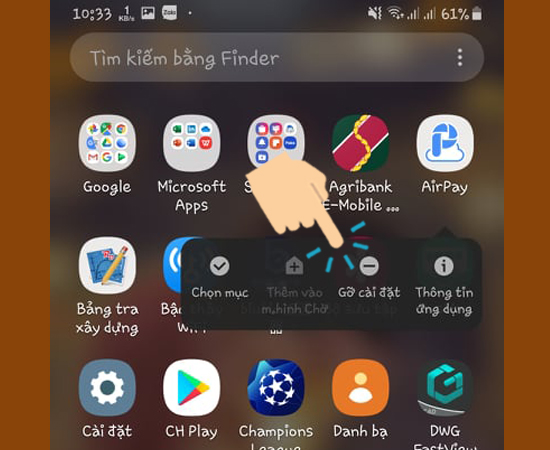 gỡ ứng dụng bằng cách nhấn giữ vào ứng dụng cần xóa để xuất hiện các thanh công cụ, sau đó chọn Gỡ cài đặt