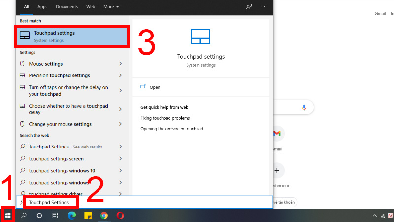 Tìm kiếm và chọn tính năng Touchpad settings trên máy tính