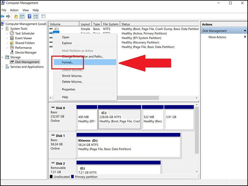 Phục hồi với disk management