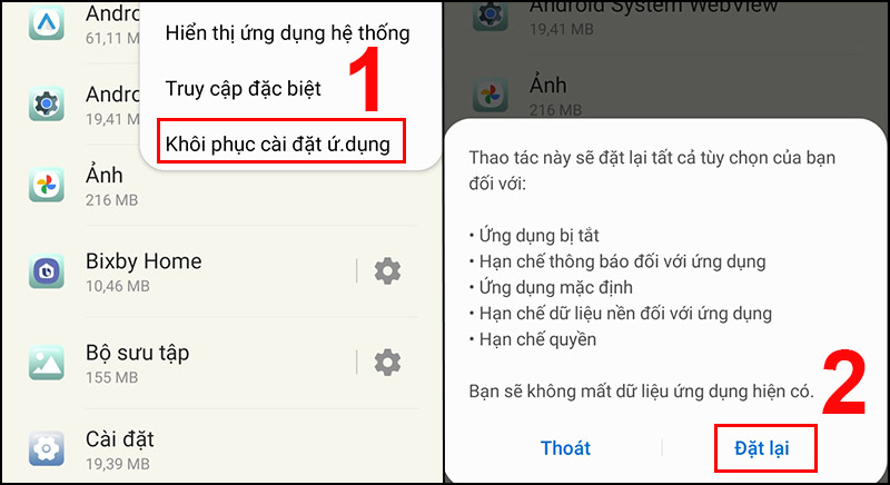 Chọn Khôi phục cài đặt ứng dụng