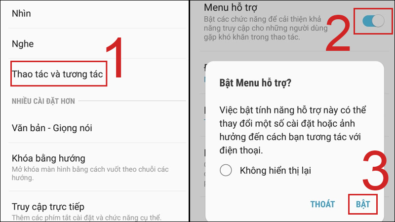 K&eacute;o sang phải mục Menu hỗ trợ > Chọn Bật