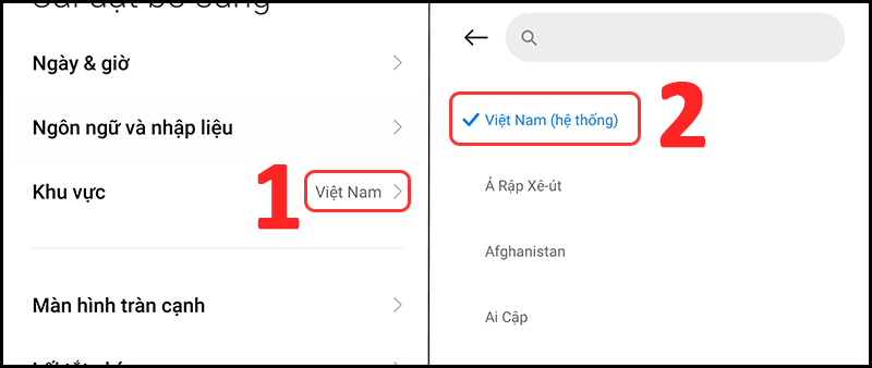 Thay đổi khu vực trên thiết bị Android