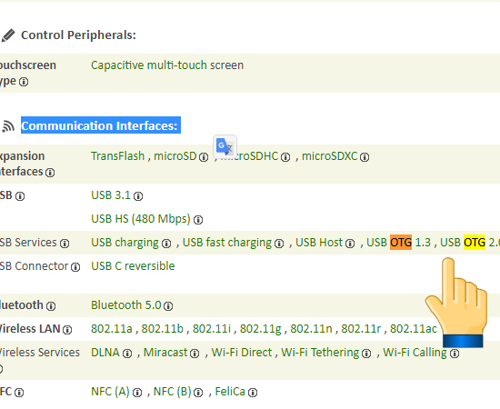 Kéo xuống mục Communication Interfaces, trong này bạn sẽ thấy dòng USB Services và kiểm tra kết quả. Như các bạn cũng thấy, điện thoại Samsung Galaxy Note 9 có hỗ trợ kết nối OTG.