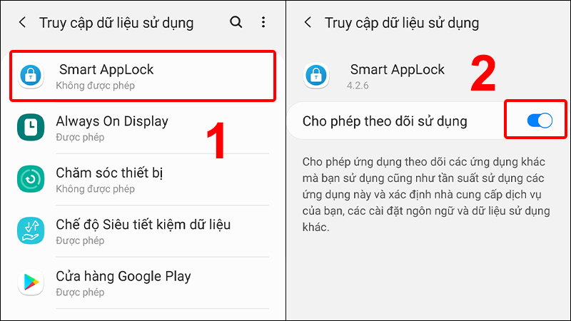 Nhấn vào ứng dụng Smart AppLock và bật Cho phép theo dõi sử dụng