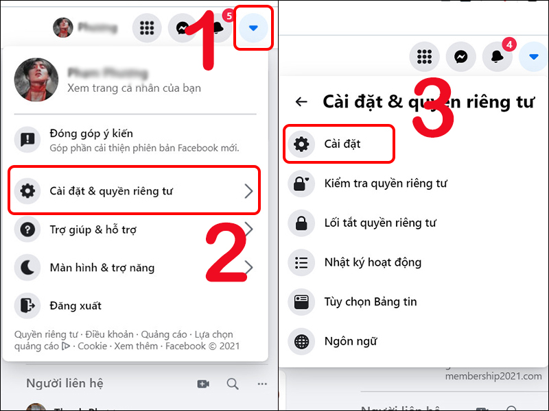 Đi tới phần cài đặt Facebook trên máy tính