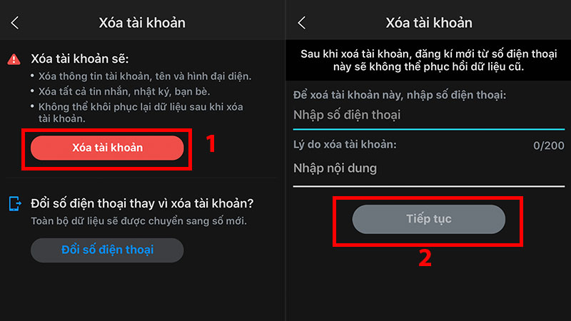 Chọn xóa tài khoản và tiếp tục