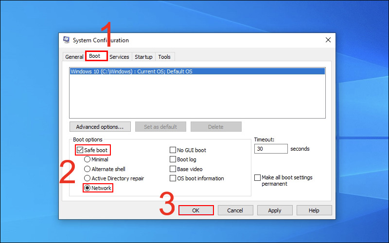 Chọn mục Boot, tick vào Safe boot và Network rồi nhấn OK