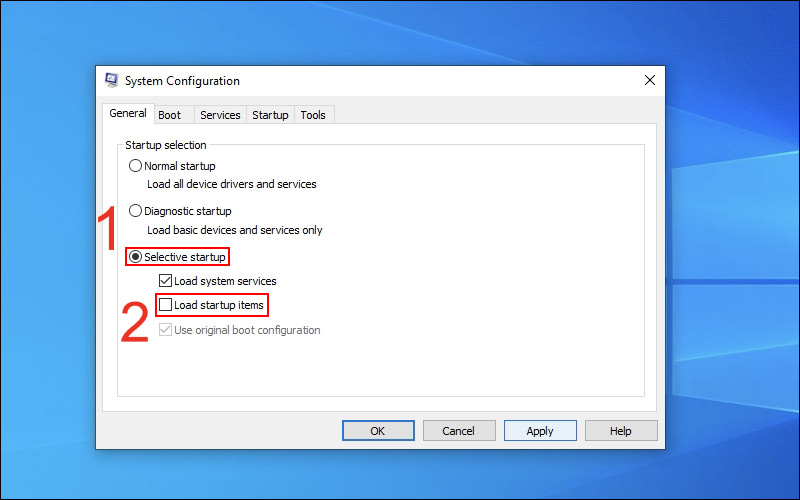 Chọn Selective startup và bỏ chọn Load startup items