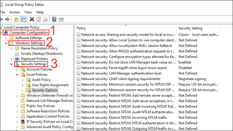 Mở mục Security Settings trong mục Windows Settings