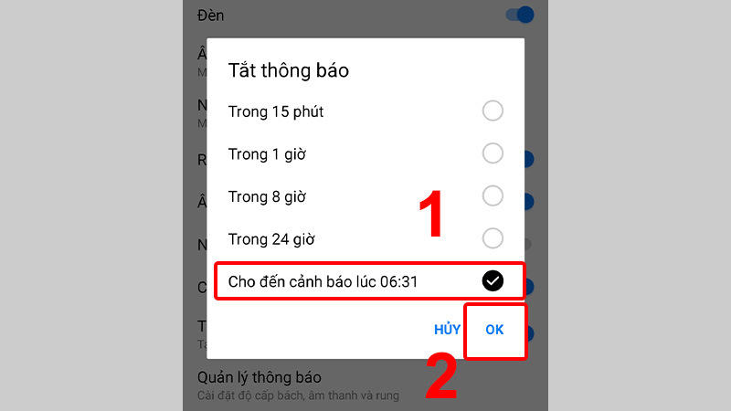 Chọn Thời gian tắt và nhấn OK để lưu cài đặt