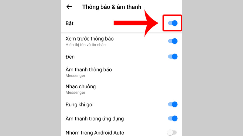 Gạt sang phải để Bật thông báo và chọn Âm thanh thông báo