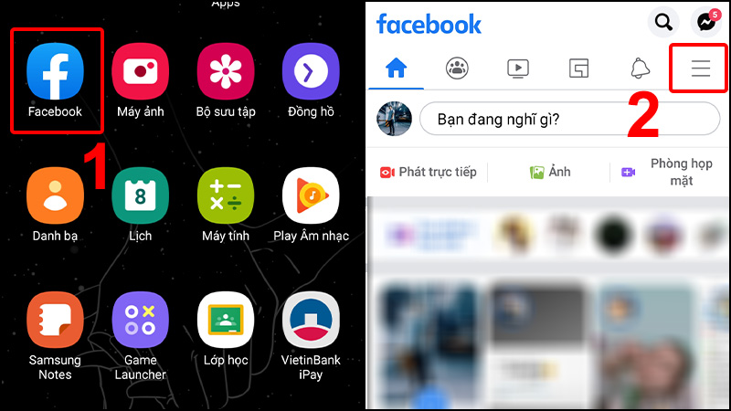 Vào ứng dụng Facebook và nhấn vào biểu tượng 3 gạch ngang