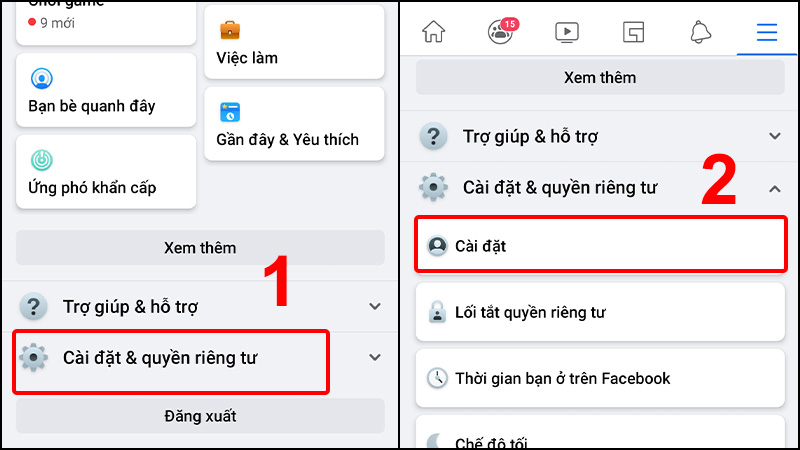 Chọn Cài đặt & quyền riêng tư rồi nhấn chọn Cài đặt