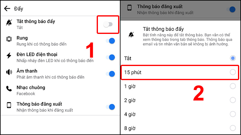 Gạt sang phải để Tắt thông báo đẩy và chọn Thời gian tắt