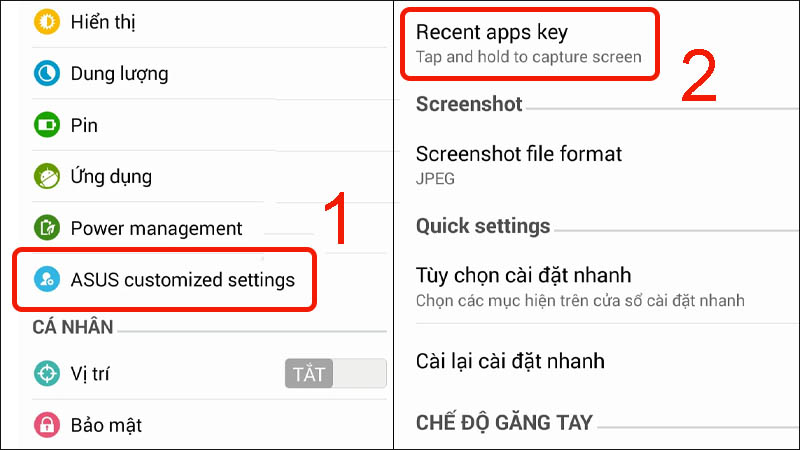 Nhấn v&agrave;o mục Asus customized settings rồi chọn Recent apps key