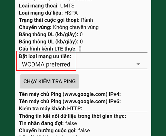 Nếu chọn WCDMA preferred, hệ thống có thể chuyển đổi giữa mạng 2G/3G để duy trì mạng.
