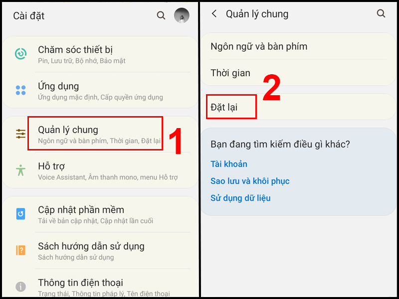 Chọn Quản lý chung sau đó chọn Đặt lại