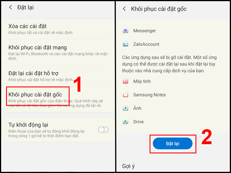 Chọn Khôi phục cái đặt gốc rồi nhấn Đặt lại
