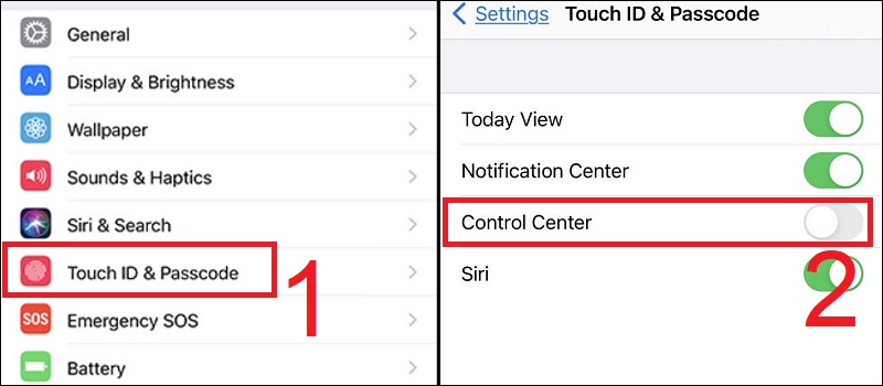 Chọn Control Center sang On trong mục Touch ID & Passcode