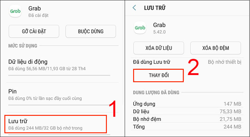 Chọn Lưu trữ sau đó ấn chọn Thay đổi