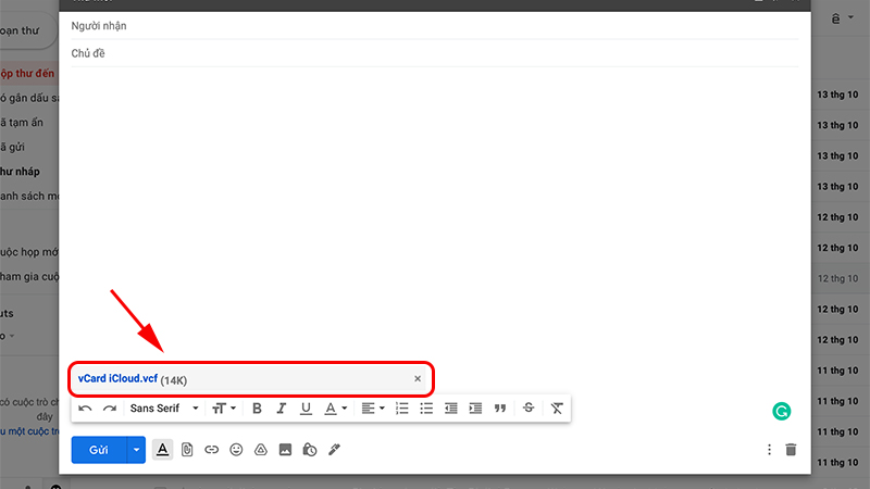 Đính kèm file .vcf vào email