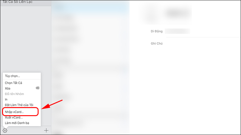 Bấm vào nút bánh răng, sau đó chọn Nhập vCard
