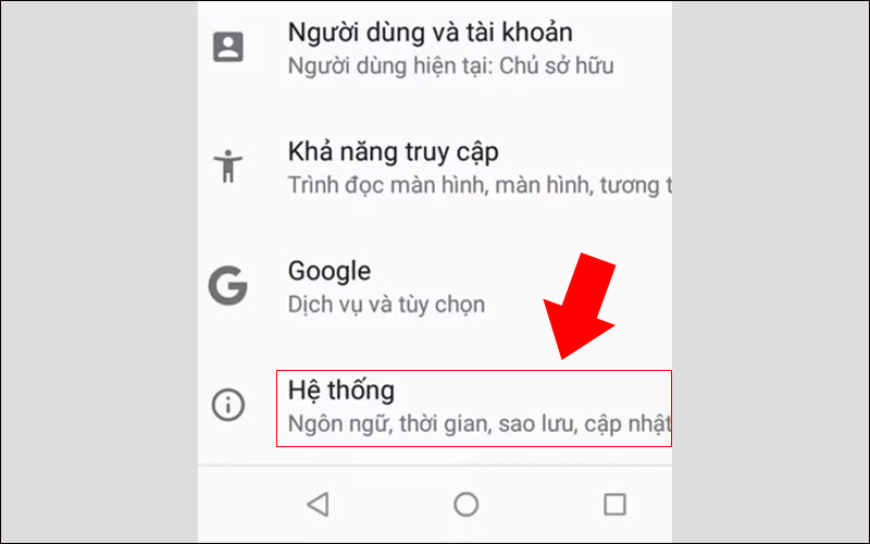 Chọn mục Hệ thống trong phần cài đặt