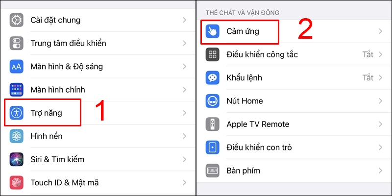 Chọn Trợ năng và tiếp tục chọn Cảm ứng