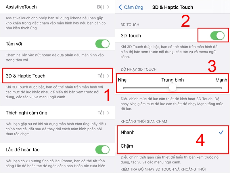 Chọn 3D Touch & Haptic Touch, bật chế độ 3D Touch và điều chỉnh độ nhạy