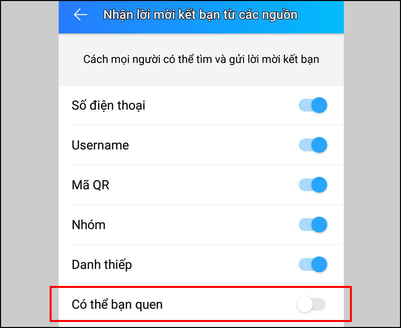 Nhấn tắt tại mục Có thể bạn quen