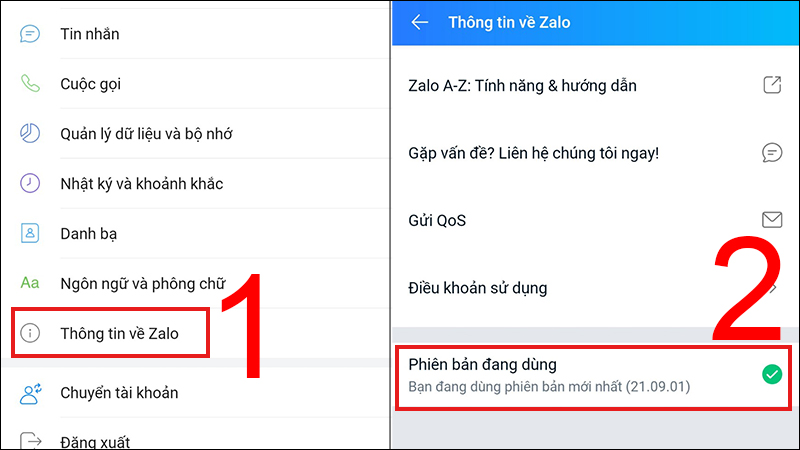 Hệ thống hiển thị phiên bảng Zalo đang dùng