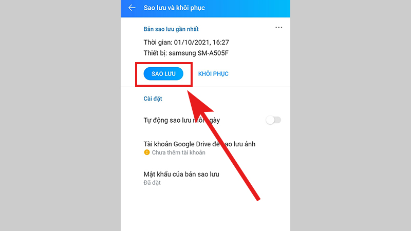 Chọn Sao lưu để tiến hành sao lưu tin nhắn