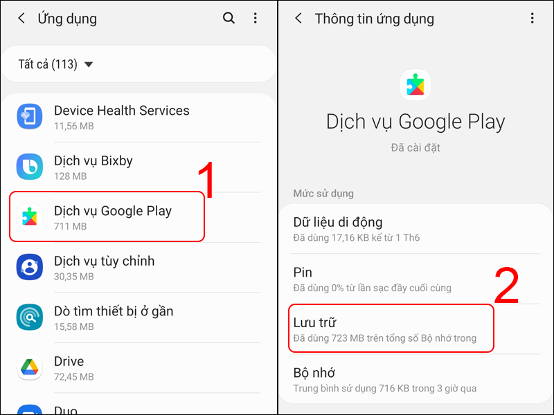 Chọn Dịch vụ Google Play và Lưu trữ