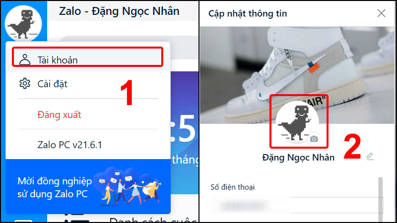 Chọn Tài khoản và click vào hình đại diện