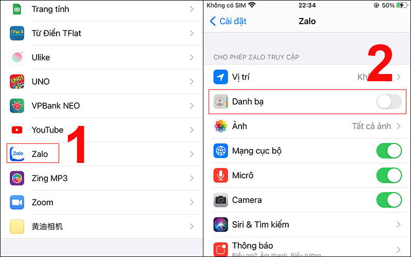 Gạt sang trái để tắt quyền truy cập danh bạ Zalo