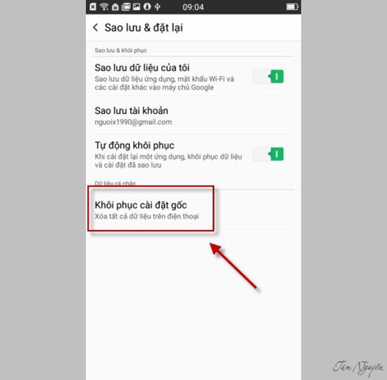 chọn vào Khôi phục cài đặt gốc