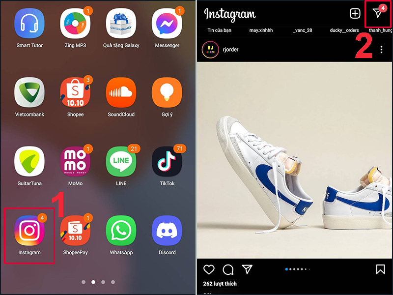 Mở Instagram v&agrave; chọn biểu tượng mũi t&ecirc;n ở g&oacute;c phải m&agrave;n h&igrave;nh điện thoại