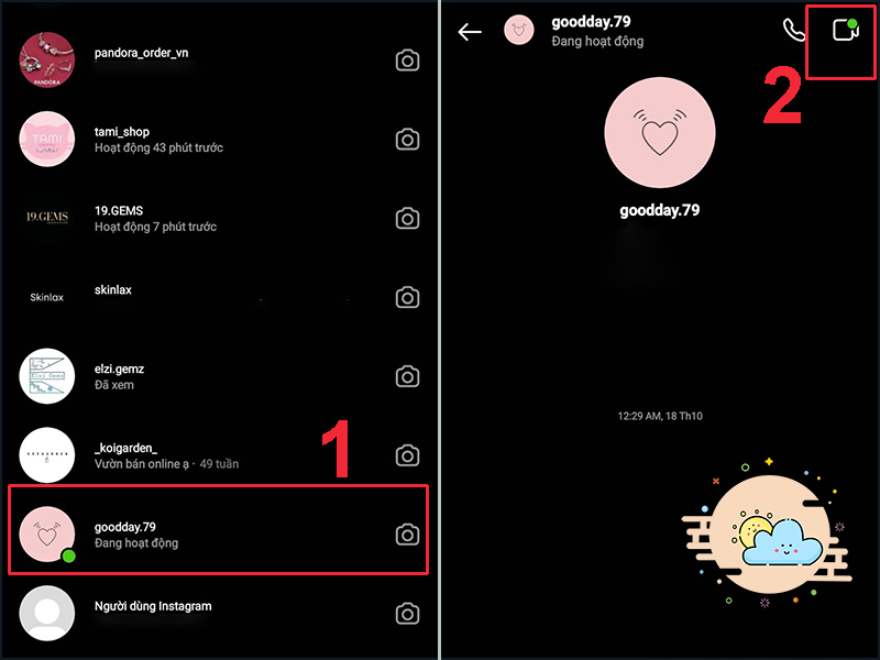 Chọn biểu tượng m&aacute;y quay để gọi video Instagram với bạn b&egrave;, người th&acirc;n