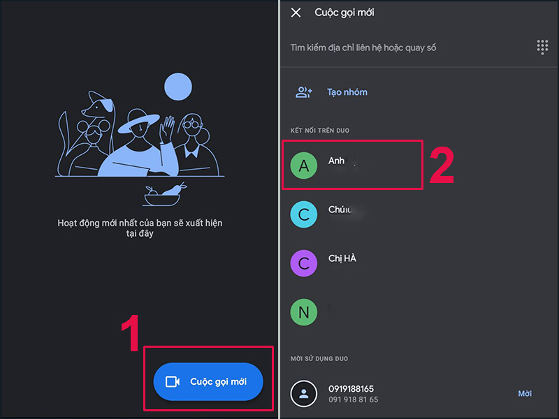 Chọn số li&ecirc;n lạc hoặc t&ecirc;n danh bạ m&agrave; bạn muốn gọi video bằng Google Duo