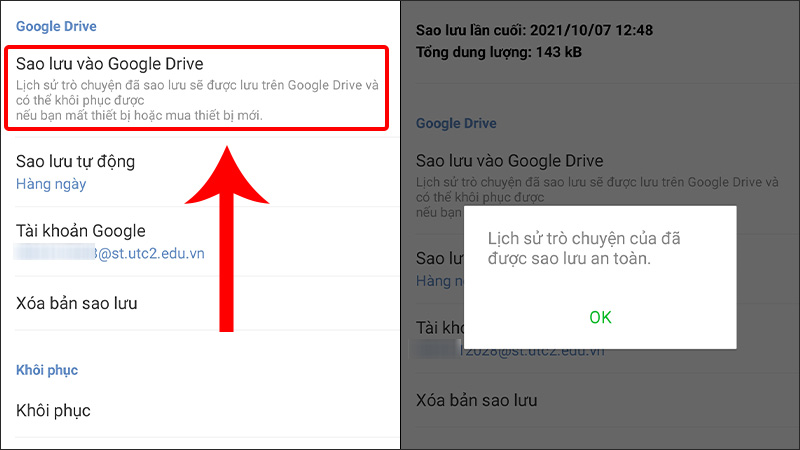 Chọn Sao lưu vào Google Drive để bảo cuộc trò chuyện của bạn