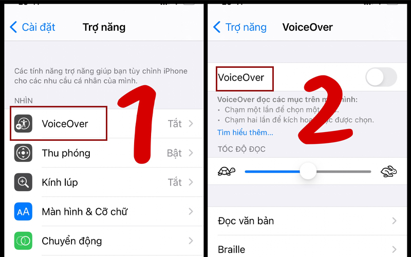 Chọn VoiceOver tại Trợ năng