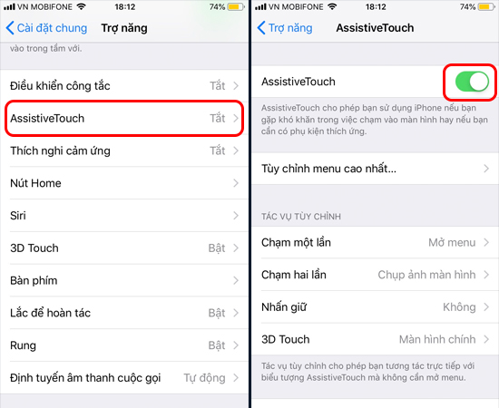 Bước 4: Tại đ&acirc;y, bạn chọn v&agrave;o AssistiveTouch v&agrave; bật n&oacute; l&ecirc;n.