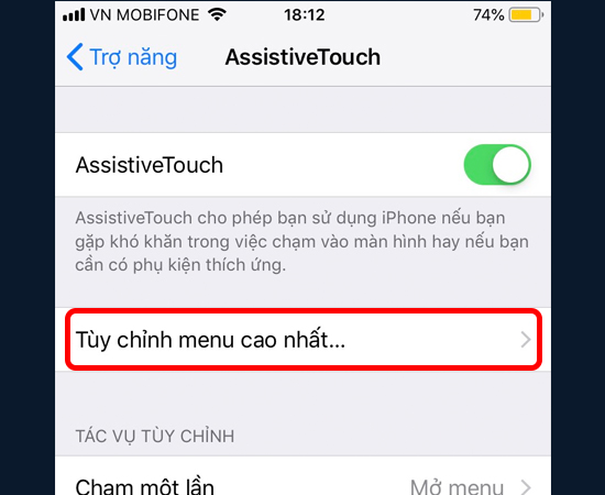 Bước 5: Tiếp theo, nhấp v&agrave;o mục T&ugrave;y chỉnh menu cao nhất.