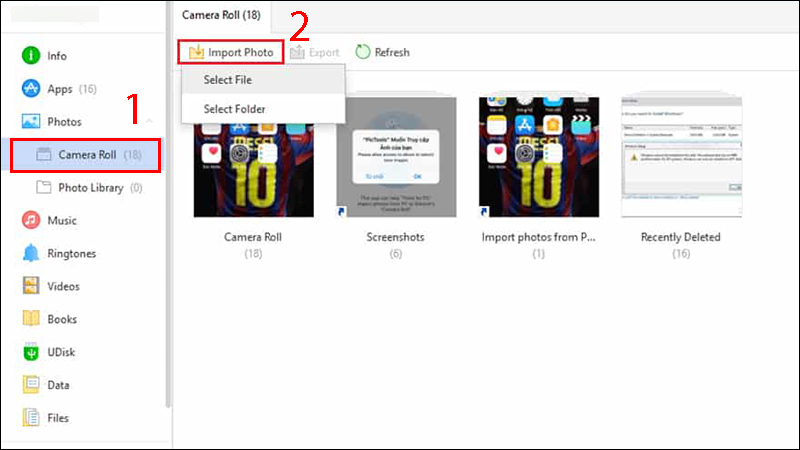 Vào Camera Roll, sau đó chọn Import Photo