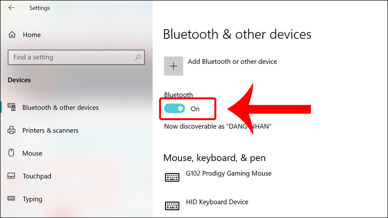 Gạt công tắc On sang phải để bật Bluetooth
