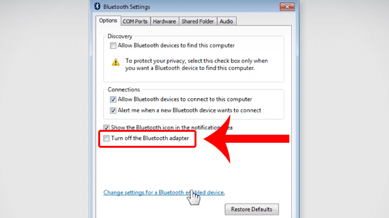 Đảm bảo không có dấu tick tại mục Turn off the Bluetooth adapter